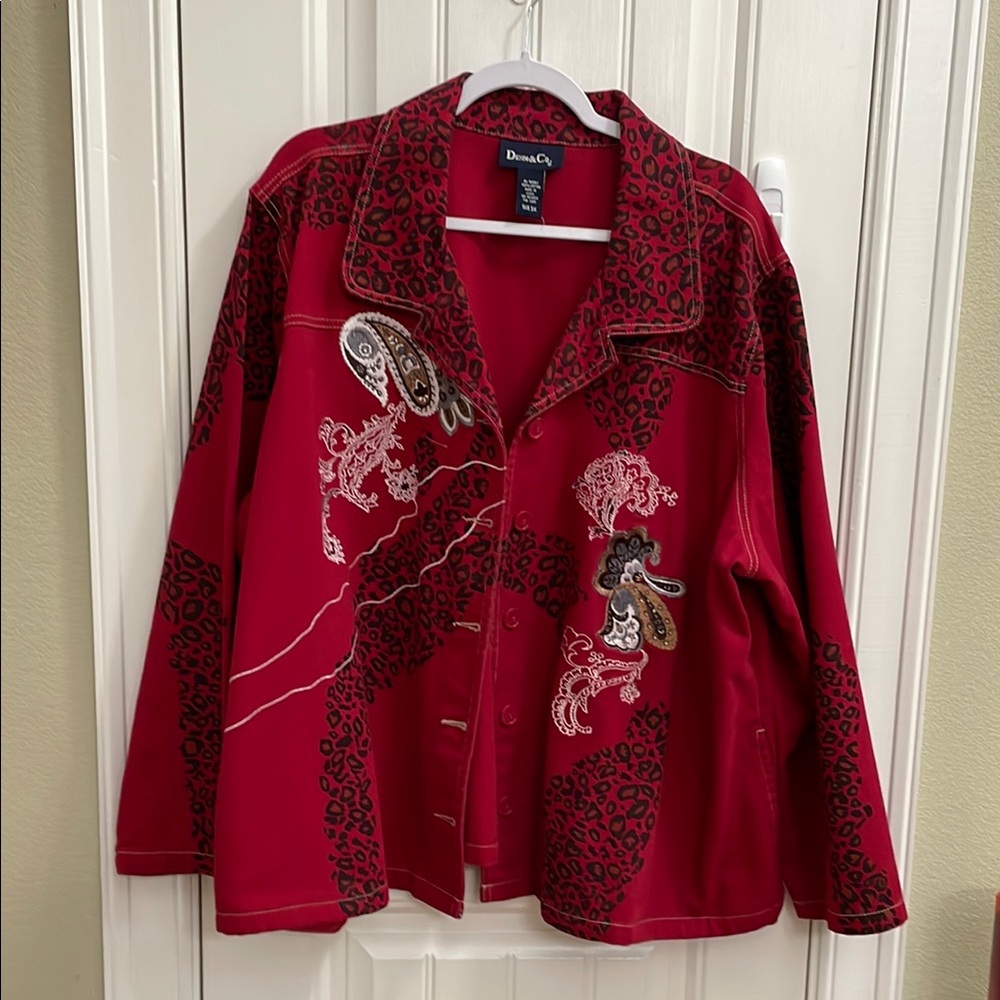 Denim&Co Red Jean Jacket with Black Animal Print and Elegant Embroidery